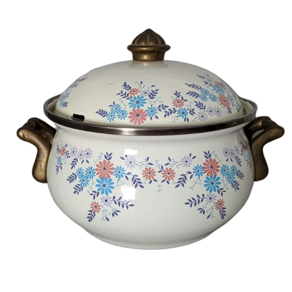 Vintage 80s/90s Floral Enamelware Pot with Matching Lid